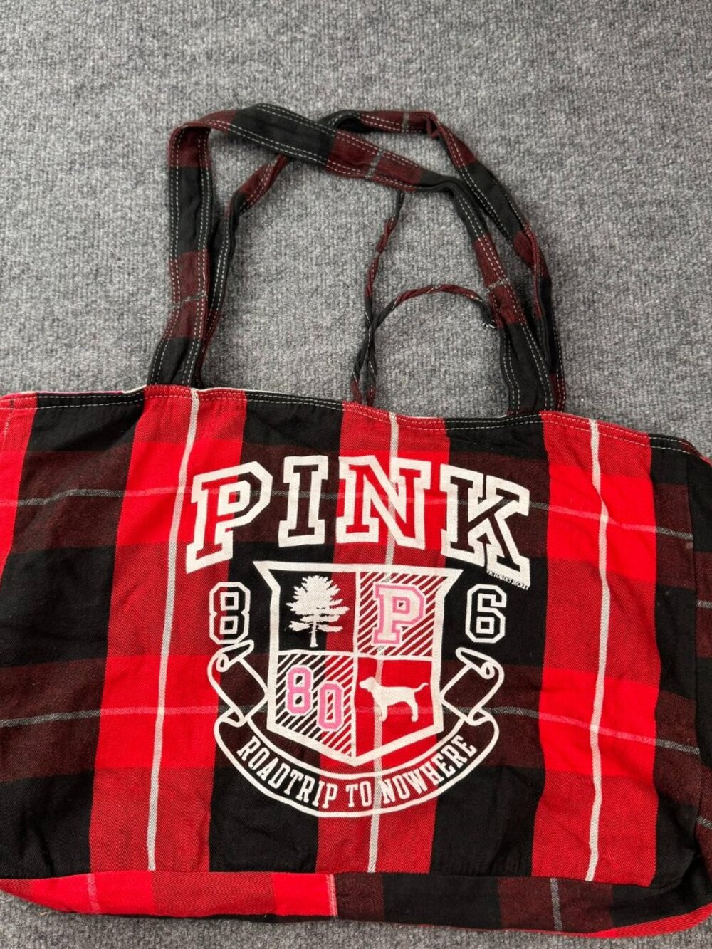Victoria's Secret PINK Tote Bag Red Black Plaid Flannel Polka Dot Roadtrip 86